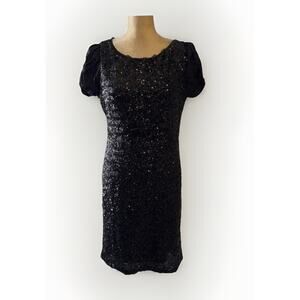 Elie Tahari Black Sequined Satin Short Puff Sleeve Dress Size US 8